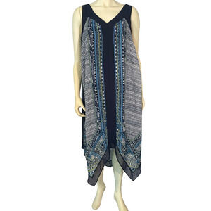 AGB Sz 10 Midi A-Line Tank Dress Blue Scarf Print Handkerchief Hem Sheer Lined
